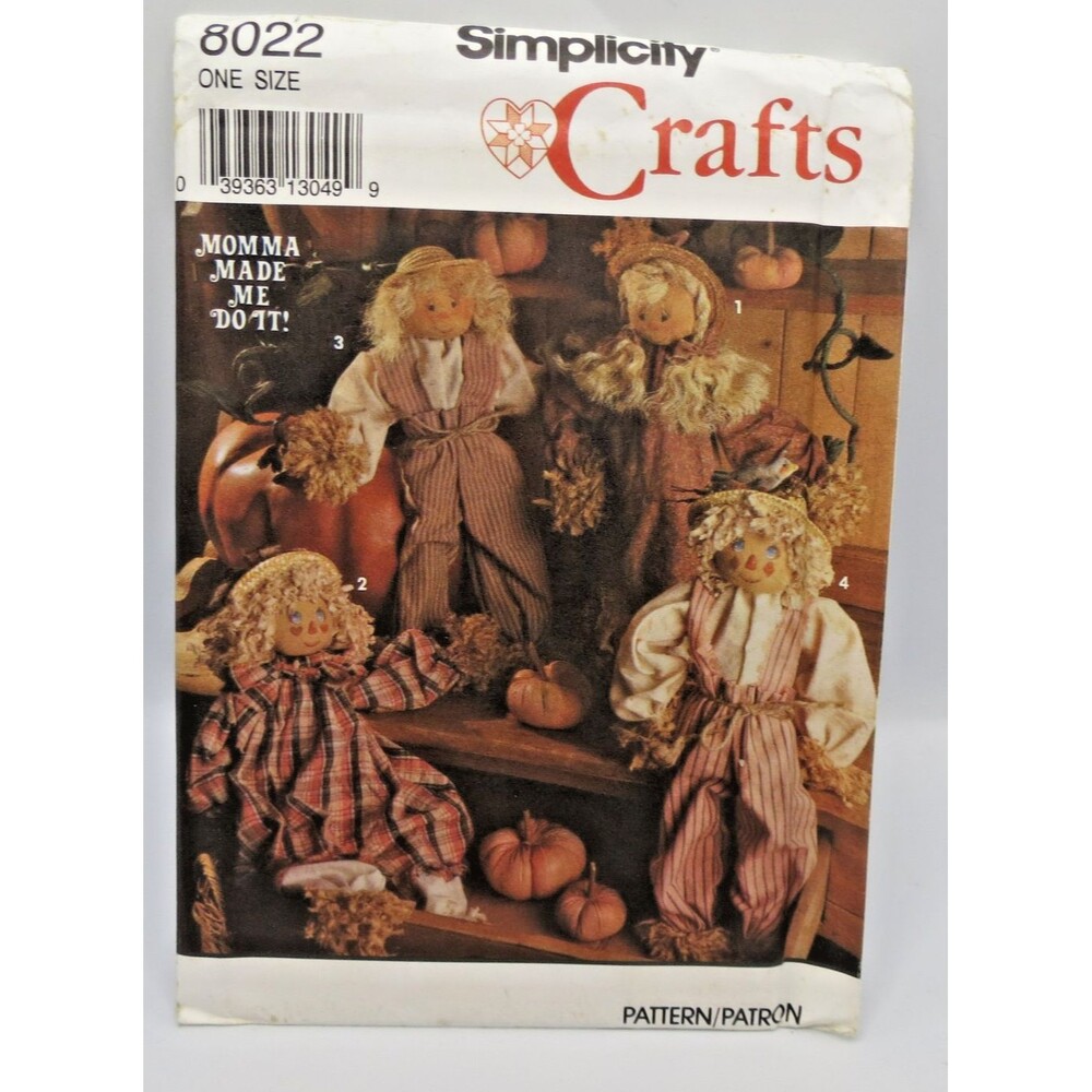 Simplicity Vintage Craft Pattern #8022 Scarecrow & Clothes 1992 Uncut
